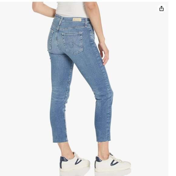 AG Prima Mid Rise Cigarette Crop Jean Womens 31 Blue Distressed Raw Hem Stretch - Picture 5 of 10